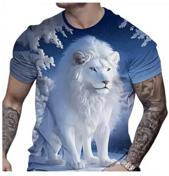 Men s White Lion Snowscape Print Short Sleeve O-Neck T-Shirt Regular Fit Casual Knitted Polyester Breathable Patterned Design