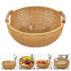 ชามหวายทรงกลมวินเทจพร้อมหูจับไม้คู่ ถาดเสิร์ฟแบบตาข่ายสานธรรมชาติรักษ์โลกสำหรับขนมปังและของว่าง - Product Image 3