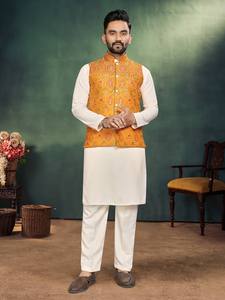 ชุดสวมใส่สไตล์ชนเผ่าพร้อมกางเกง Kurta ผ้าฝ้ายและผ้าไหมแจ็คการ์ด - Product Image 3