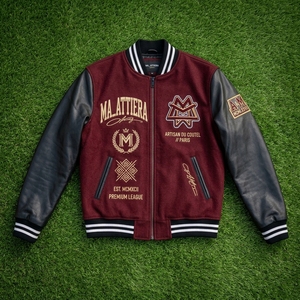 Men <b>Burgundy</b> Letterman <b>Jacket</b> Wool Body Black <b>Leather</b> Sleeves Embroidered Bomber <b>Jacket</b> Custom OEM ODM - Product Image 6