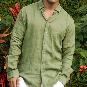 Chemise décontractée pour homme en coton et lin respirant de haute qualité, col en V, coupe ample, manches longues, été - Product Image 5