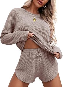 Ensemble de pyjama en tricot gaufré pour femmes, haut à manches longues et short assorti, ensemble de détente, vêtements de détente avec poches - Product Image 6