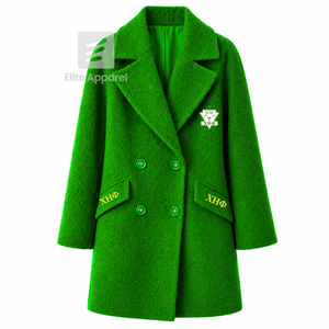 Manteau long en laine personnalisé de la sororité Chi Eta Phi, logo brodé sur le devant, couleur verte et jaune, manches longues, pour femme. - Product Image 1