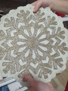 Handmade Beaded <b>Placemat</b> With Linen Bow <b>Gold</b> Trim Elegant Table Decoration For Home Dining Needlework - Product Image 5