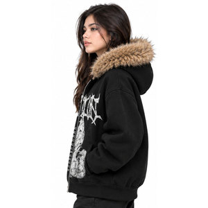 Sweat-shirt noir à capuche zippé avec doublure en fausse fourrure et imprimé graphique, veste d'hiver style punk pour femme - Product Image 4