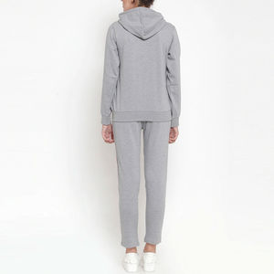 Ensemble de survêtement gris à capuche pour femme, manches longues, couleur unie, tenue décontractée avec bordure rose, fermeture éclair sur le devant, poches latérales, style automne - Product Image 2