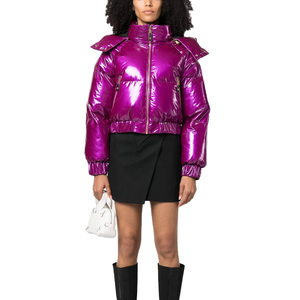 Women's Purple Quilted Puffer <b>Jacket</b> With Stand Collar Full Sleeve Zipper Closure Short Length Women's Winter Coat - Product Image 2