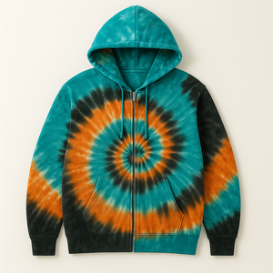 Sweat-shirt à capuche zippé unisexe en molleton imprimé tie-dye jaune et noir, coupe oversize, style streetwear, respirant, personnalisable, vente en gros - Product Image 2