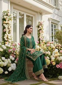 Ensemble Kurta traditionnel indien pakistanais vert pour femmes avec dupatta, tenue ethnique en soie longue, coupe régulière, toutes saisons - Product Image 3