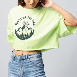 Wander Woman Crop <b>Top</b> Women's Loose Fit Short Sleeve Crew Neck T-Shirt Green Cotton Casual Spring Summer Printed Logo Jersey - Product Image 6