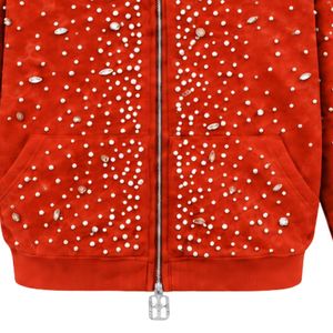 Custom Orange <b>Red</b> Pearl Zip Up <b>Hoodie</b> Decorative Pearl Studded Streetwear Jacket Long Sleeve Hooded Sweatshirt With Pockets - Product Image 5