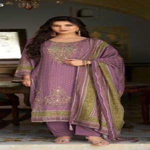 Traje indio de alta calidad en viscosa maslina con estampado digital, conjunto de salwar y dupatta con bordado Aari y trabajo manual, exportador indio - Product Image 1