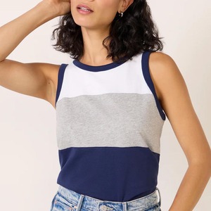 Women's Color Blocked Sleeveless Tank <b>Top</b> O-Neck Knitted Cotton Casual Loose Fit White Gray <b>Navy</b> Blue - Product Image 4