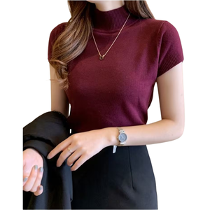 Suéter de manga corta ajustado para mujer, con cuello de botones, tejido acanalado, top básico informal, bordado frontal vintage de invierno, OEM ODM - Product Image 6