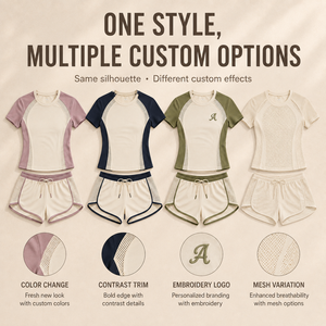 Ensemble de sport 2 pièces pour femme, beige et marron, avec empiècements en maille, manches courtes, col rond, tenue de sport printemps-été - Product Image 5