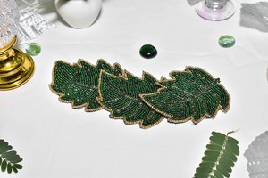 Handmade Beaded Leaf <b>Coasters</b> Set Of 3 Green <b>Gold</b> Trim Classic Bar Accessories Reusable Cocktail Trays - Product Image 3