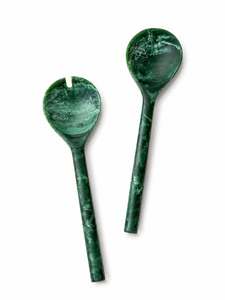 Resin Salad Server <b>Set</b> Jade Green <b>Marbled</b> Pattern Spoon Fork Long Handle Emerald Textured Grip Kitchen <b>Dinnerware</b> Tool - Product Image 1