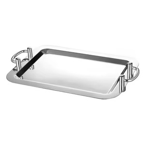 Plateau de service rectangulaire en métal avec poignées en bois, finition polie, design classique, durable pour les fêtes - Product Image 3
