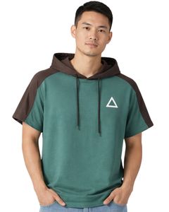 <b>Men</b> Short Sleeve Hoodie T <b>Shirt</b> Green <b>Brown</b> Color Block Casual Pullover Hooded Top With Logo Soft Cotton Blend Summer Wear - Product Image 3