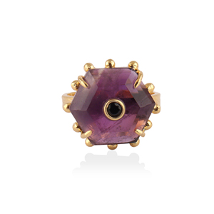 Fashion cocktail <b>ring</b> natural amethyst with black cz <b>adjustable</b> <b>ring</b> beaded designer 18k gold plated brushed finish band <b>rings</b> - Product Image 2