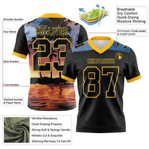 Camiseta de Fútbol Americano Personalizada para Hombre, Manga Corta, Cuello en V, Diseño de Palmeras al Atardecer en Amarillo y Negro - Product Image 2