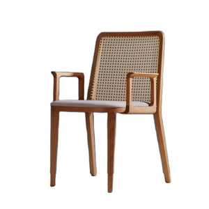 A high-quality, durable wooden <b>dining</b> <b>chair</b> featuring armrests, a woven rattan backrest, and a cushioned seat <b>Mid</b>-<b>Century</b> desig - Product Image 2