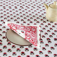 Nappe ronde en coton imprimée à la main en Inde avec motif floral blanc et rouge, et ensemble de serviettes réutilisables écologiques