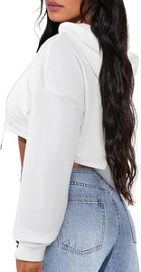 Sudadera Corta con Capucha para Mujer, Color Blanco Sólido, Manga Larga, Tejido de Algodón, Estilo Casual para Otoño - Product Image 2