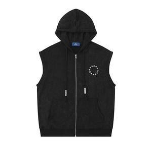 Chaleco con capucha y cremallera para hombre – Chaleco sin mangas de algodón polar estilo urbano con capucha, de peso pesado, 100% algodón, con bolsillo canguro - Product Image 3