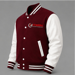 Fly Humble Sportswear Varsity <b>Jacket</b> <b>Men's</b> Maroon <b>White</b> Cotton Polyester Casual Zipper Back Logo Patch Design Winter Waterproof - Product Image 1