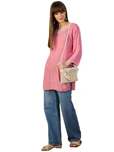 Women's Pink Cotton Viscose Embroidered Kurta with Floral Details Regular Fit Casual Top Quick Dry India Pakistan Style - Product Image 1