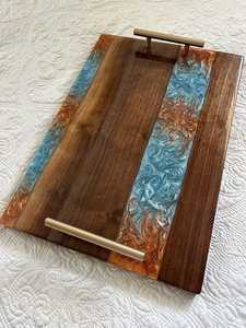 Artisan Luxury <b>Epoxy</b> Resin & Acacia Wood Multipurpose Serving Tray with Polished Gold Metal Handles for Housewarming & Wedding - Product Image 4