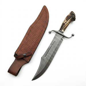 Couteau Bowie personnalisable en acier Damas fait main avec manche en corne et étui en cuir pour la chasse, la survie et les activités de plein air - Product Image 2