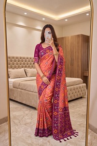 Sari indien en soie douce Leranath Fashion, marron doré, avec bordure à pompons traditionnelle, pour festivals et mariages, vêtements fantaisie pour femmes, recyclé - Product Image 2