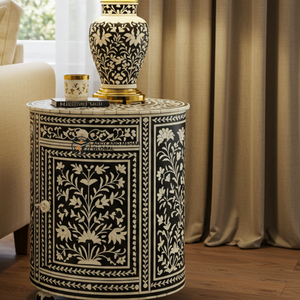 Luxury Modern Black Chevron Bone Inlay <b>Side</b> <b>Table</b> Handcrafted Round Wooden <b>Drum</b> Accent <b>Table</b> Bedroom Furniture - Product Image 4