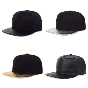 Casquette snapback en cuir PU noir à 5 panneaux, visière plate, broderie logo, style streetwear décontracté - Product Image 4