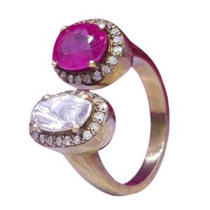 Anillos Antiguos Unisex de Plata de Ley 925 Chapados en Oro con Diamantes Polki y Rubíes, MOQ Bajo - Product Image 1