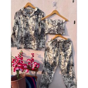 Women Cotton Tropical Print Pajama Set Long Sleeve <b>Button</b> Down Night <b>Suit</b> With Pouch Soft Breathable Sleepwear Set - Product Image 1