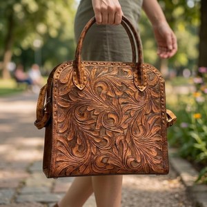 Bolso de Mano de Cuero Genuino Hecho a Mano para Mujer – Bolso de Hombro y Tote con Grabado Floral Vintage - Product Image 5