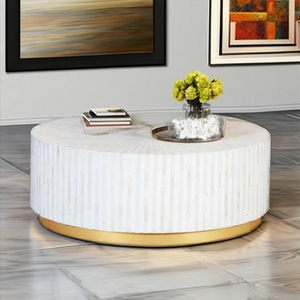 Table basse ronde rétro antique avec un design minimaliste intemporel Charme classique en incrustation d'os pour le salon Style vintage - Product Image 1