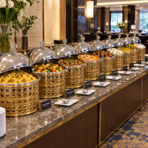 Round Stainless Steel Chafing Dish with Gold Woven Rattan Lattice Base Sleeve and Polished Dome Lid <b>Buffet</b> <b>Server</b> for Home Hotel - Product Image 3