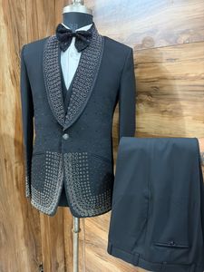 Men’s Black Rhinestone Embellished Tuxedo Suit – Luxury Wedding / Party Wear <b>Blazer</b> with Studded Shawl Lapel (3-Piece <b>Set</b>) - Product Image 4