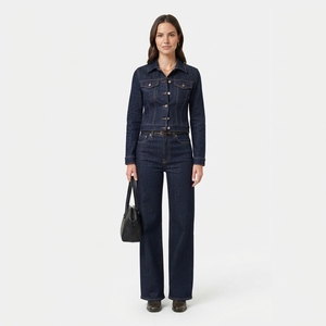 <b>Women</b> Dark <b>Blue</b> Denim Jacket And Wide Leg <b>Jeans</b> Set Fitted Two Piece Matching Outfit Casual Streetwear Fashion - Product Image 1