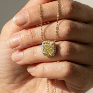 Pendentif de luxe en diamant jaune taille coussin cultivé en laboratoire pour femme, collier halo en or massif 10K 14K 18K, bijoux fins, cadeau de mariage - Product Image 1