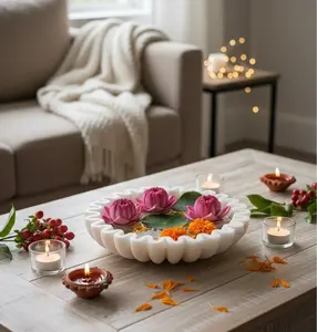 Bol en marbre cannelé avec bord sculpté, design contemporain, fait main, poli pour une finition lisse et brillante, pour salon - Product Image 1