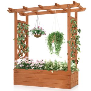 43.5*17.5*44.5 in Fir with Arched Lattice Raised Garden Bed Wooden <b>Planting</b> <b>Frame</b> Teak Color - Product Image 1