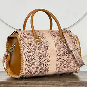Western Style Floral TooledGenuine Leather Matching 3 Piece <b>Luggage</b> <b>Set</b> Vintage <b>Travel</b> Duffel Crossbody Shoulder Bag For Women's - Product Image 3