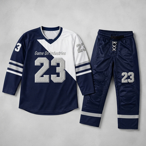 Navy Blue and White Pro Style Team Uniform With Embroidered Numbers & Texture Fabric Custom Ice Hockey Jersey and Pants Sets - Product Image 1