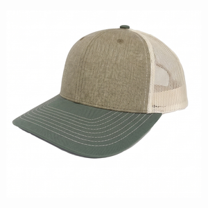 Gorra Trucker Personalizada al por Mayor de 6 Paneles con Visera Curva, Mezcla de Algodón Gris, Parte Trasera de Malla Beige, Visera Verde Oliva, Cierre Snapback - Product Image 3