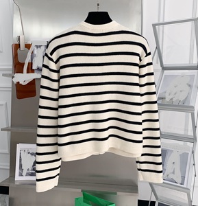 <b>Women's</b> Striped Knit <b>Cardigan</b> Crew Neck Full Sleeve <b>Crop</b> Length Button Closure Nautical Style 100% Acrylic Autumn Wear - Product Image 6